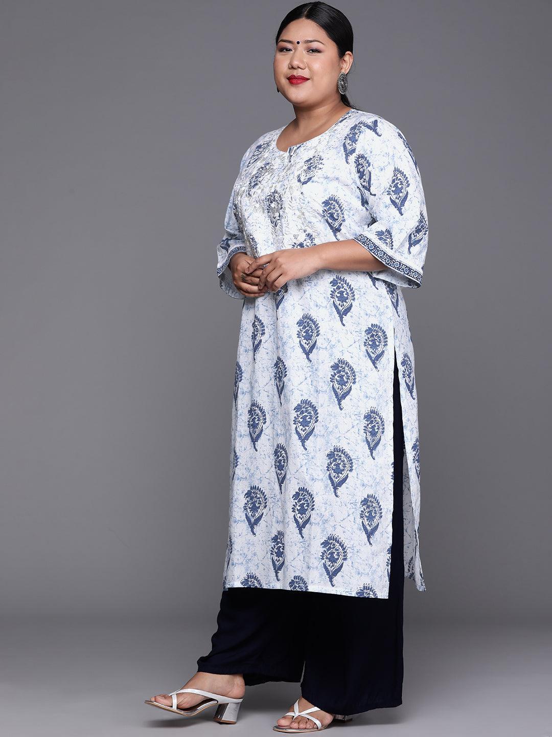 Plus Size White Yoke Design Cotton Kurta