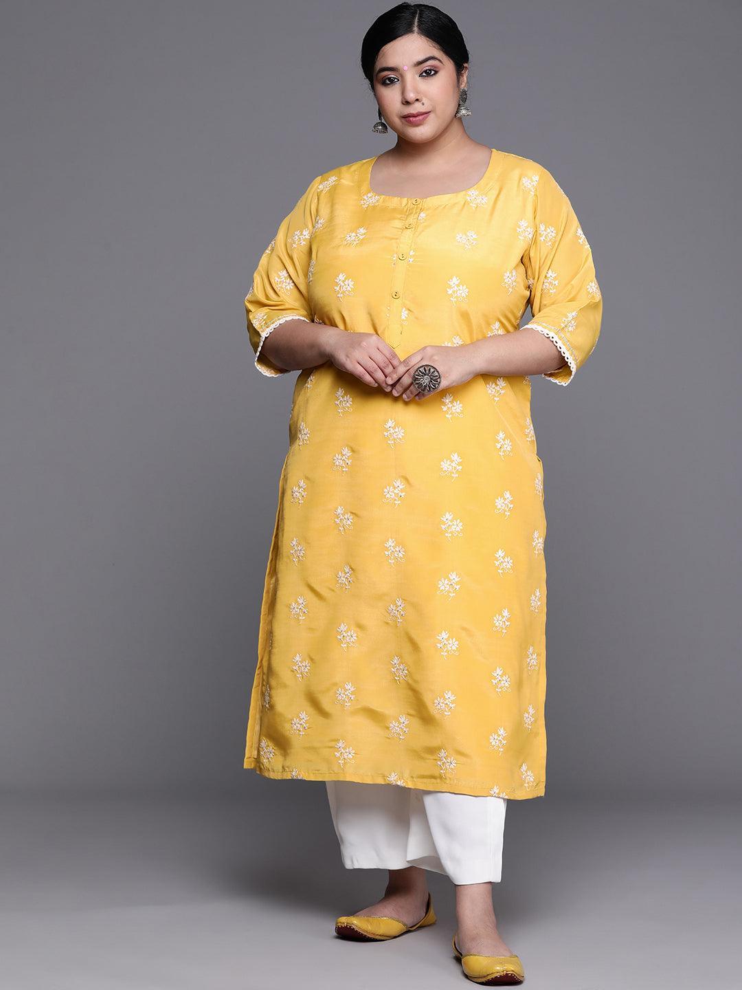 Plus Size Yellow Embroidered Chanderi Silk Kurta