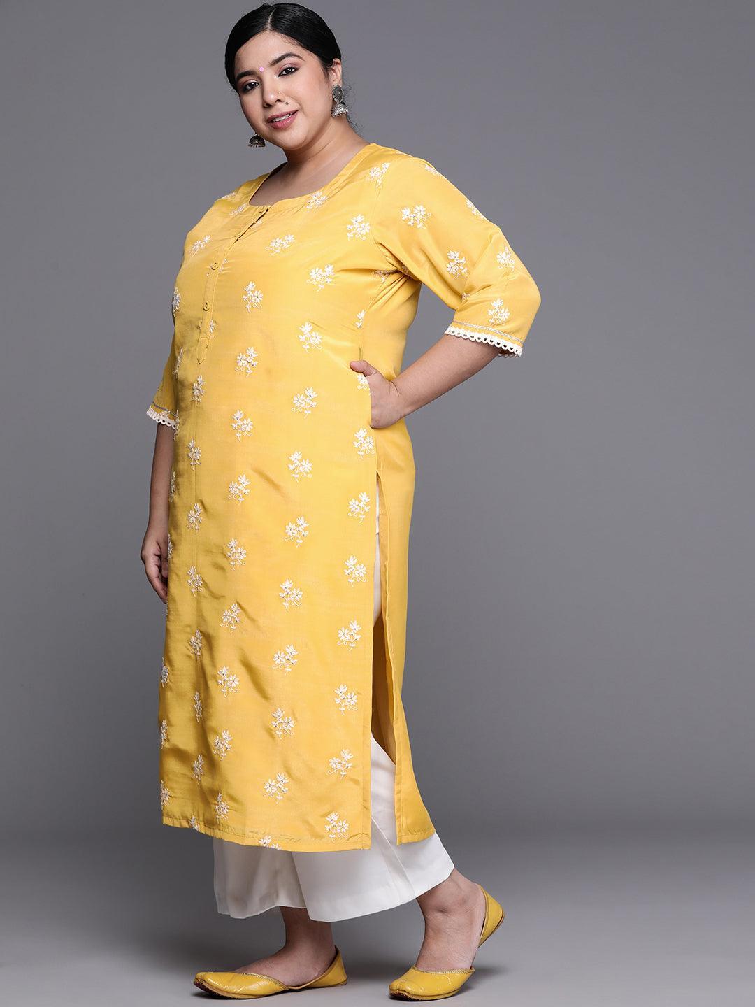 Plus Size Yellow Embroidered Chanderi Silk Kurta