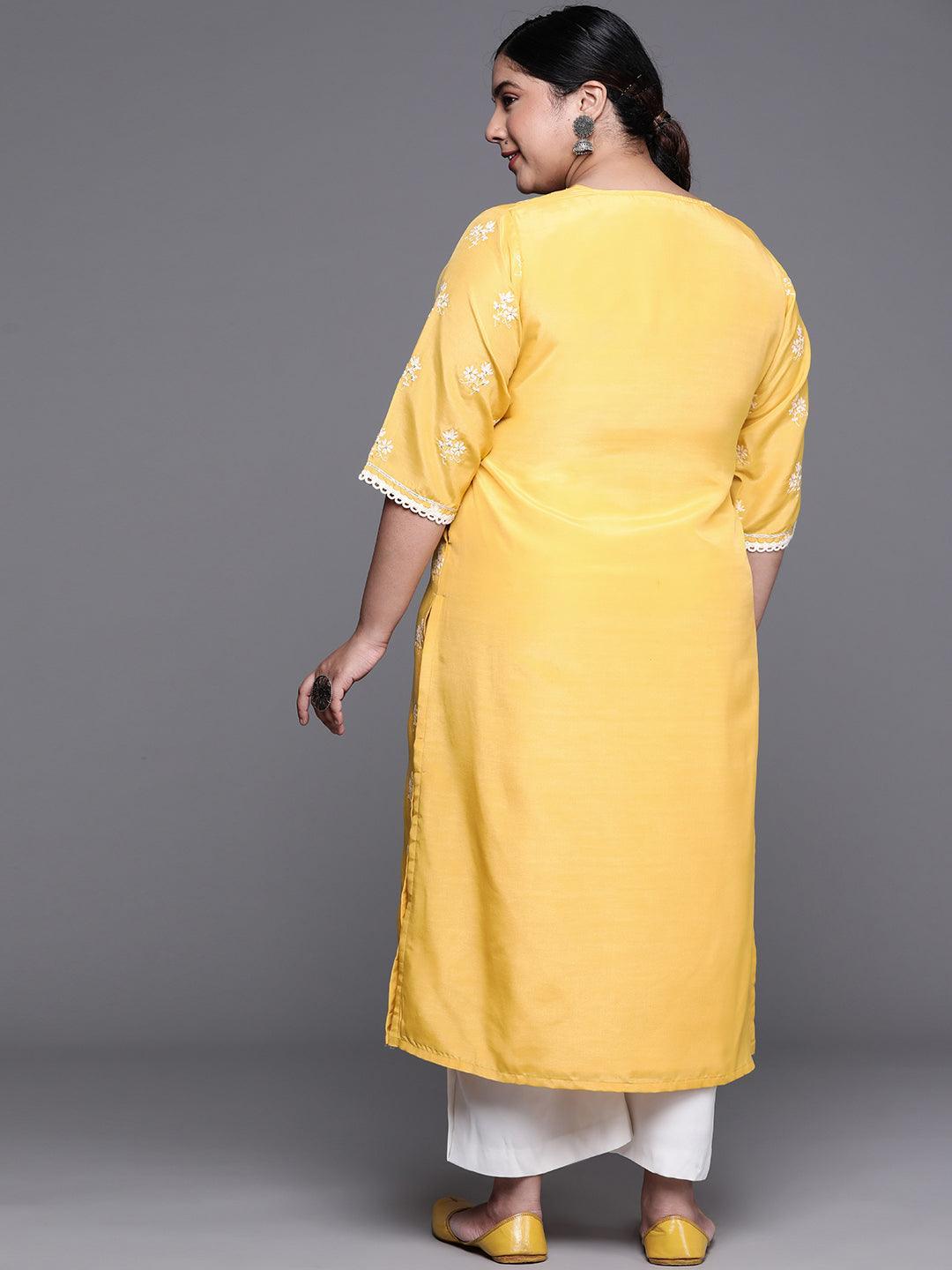 Plus Size Yellow Embroidered Chanderi Silk Kurta