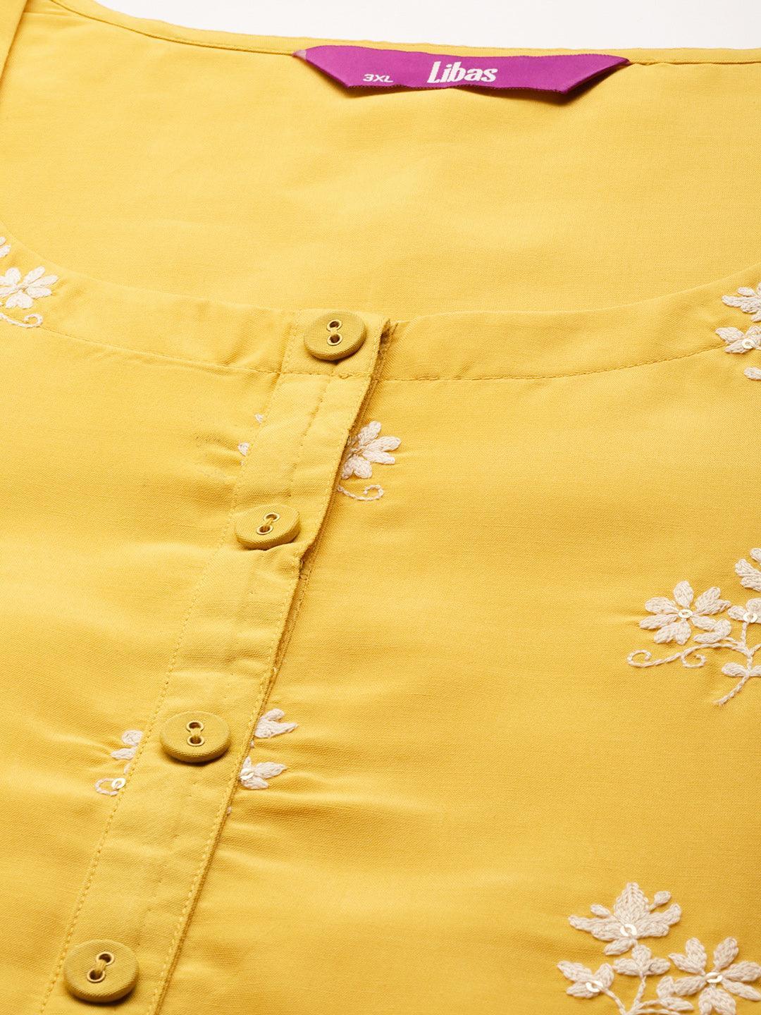 Plus Size Yellow Embroidered Chanderi Silk Kurta