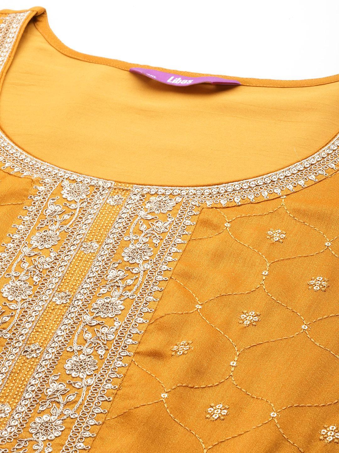 Plus Size Yellow Embroidered Silk Blend Straight Kurta With Trousers & Dupatta