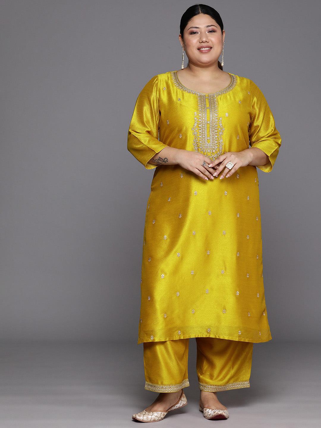 Plus Size Yellow Embroidered Silk Straight Kurta