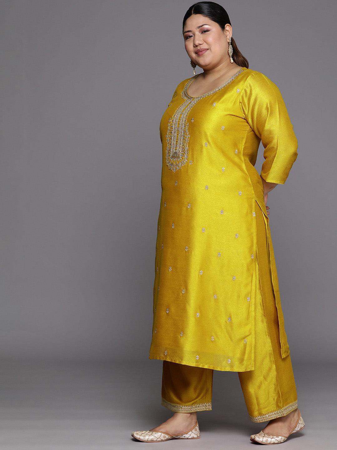 Plus Size Yellow Embroidered Silk Straight Kurta