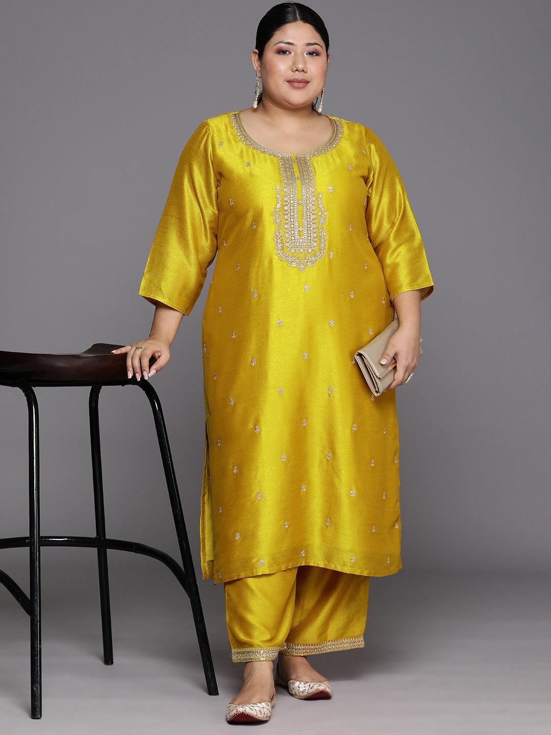 Plus Size Yellow Embroidered Silk Straight Kurta