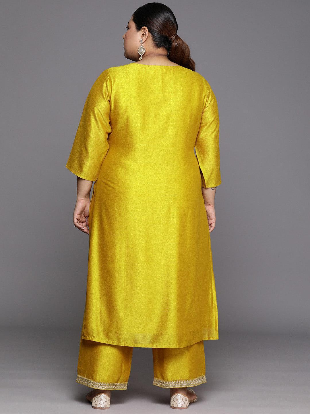 Plus Size Yellow Embroidered Silk Straight Kurta