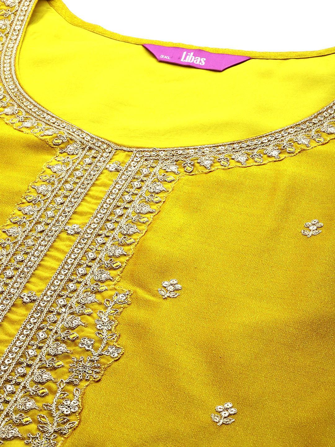 Plus Size Yellow Embroidered Silk Straight Kurta