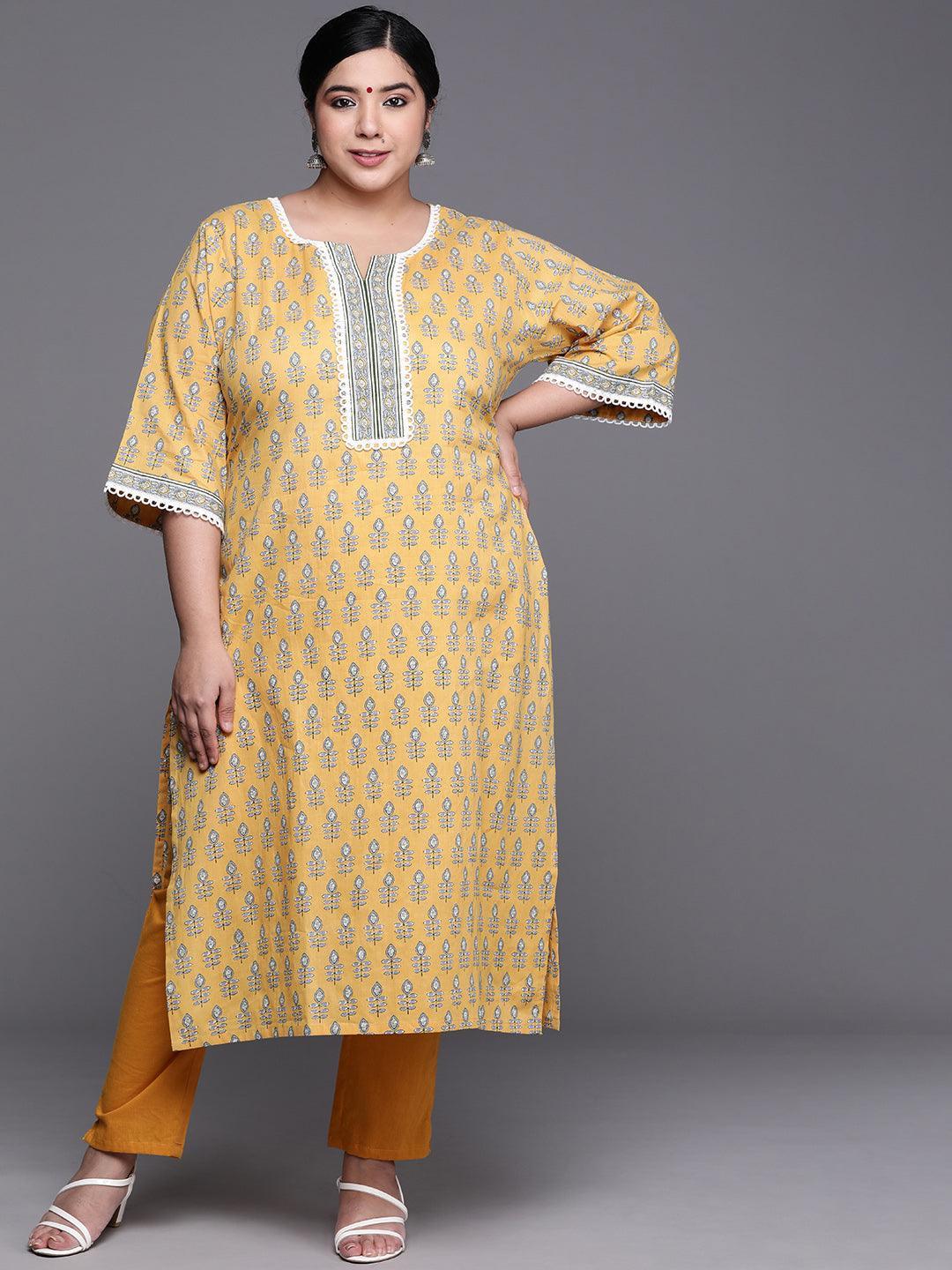 Plus Size Yellow Printed Cotton Kurta