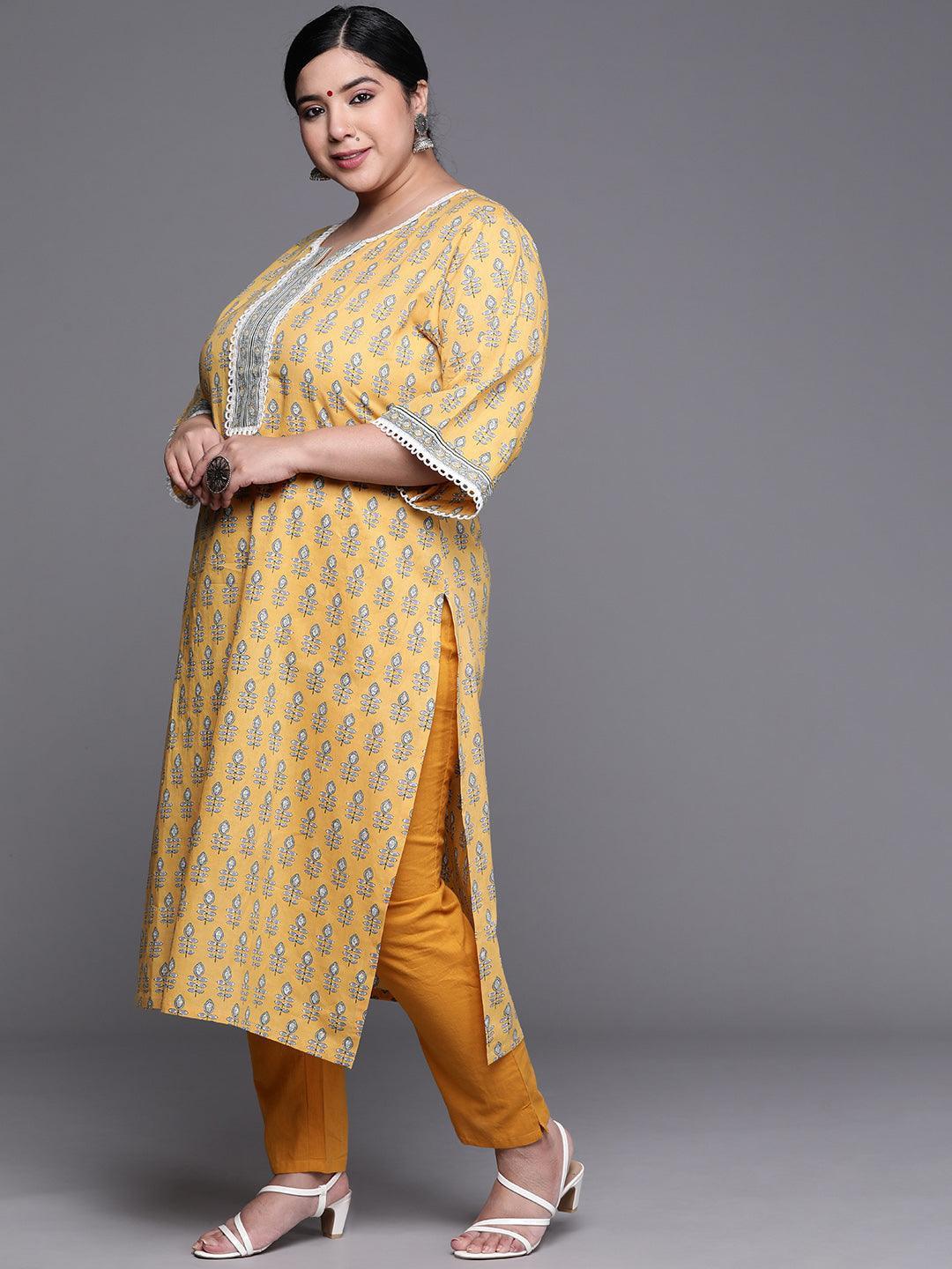 Plus Size Yellow Printed Cotton Kurta