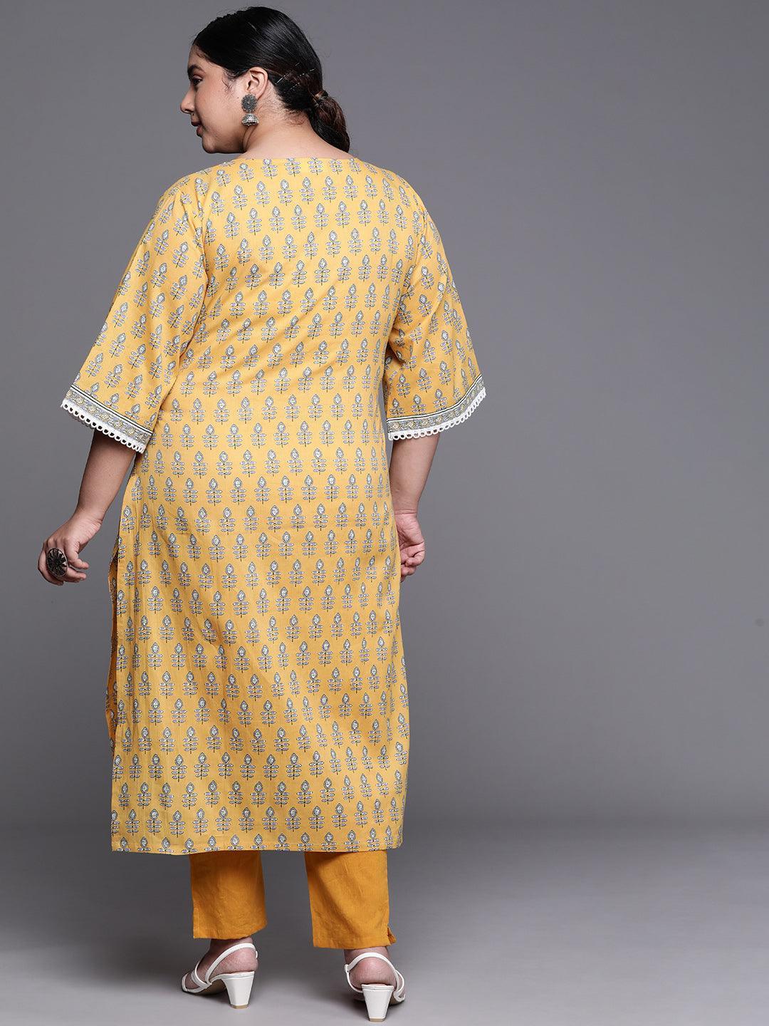 Plus Size Yellow Printed Cotton Kurta