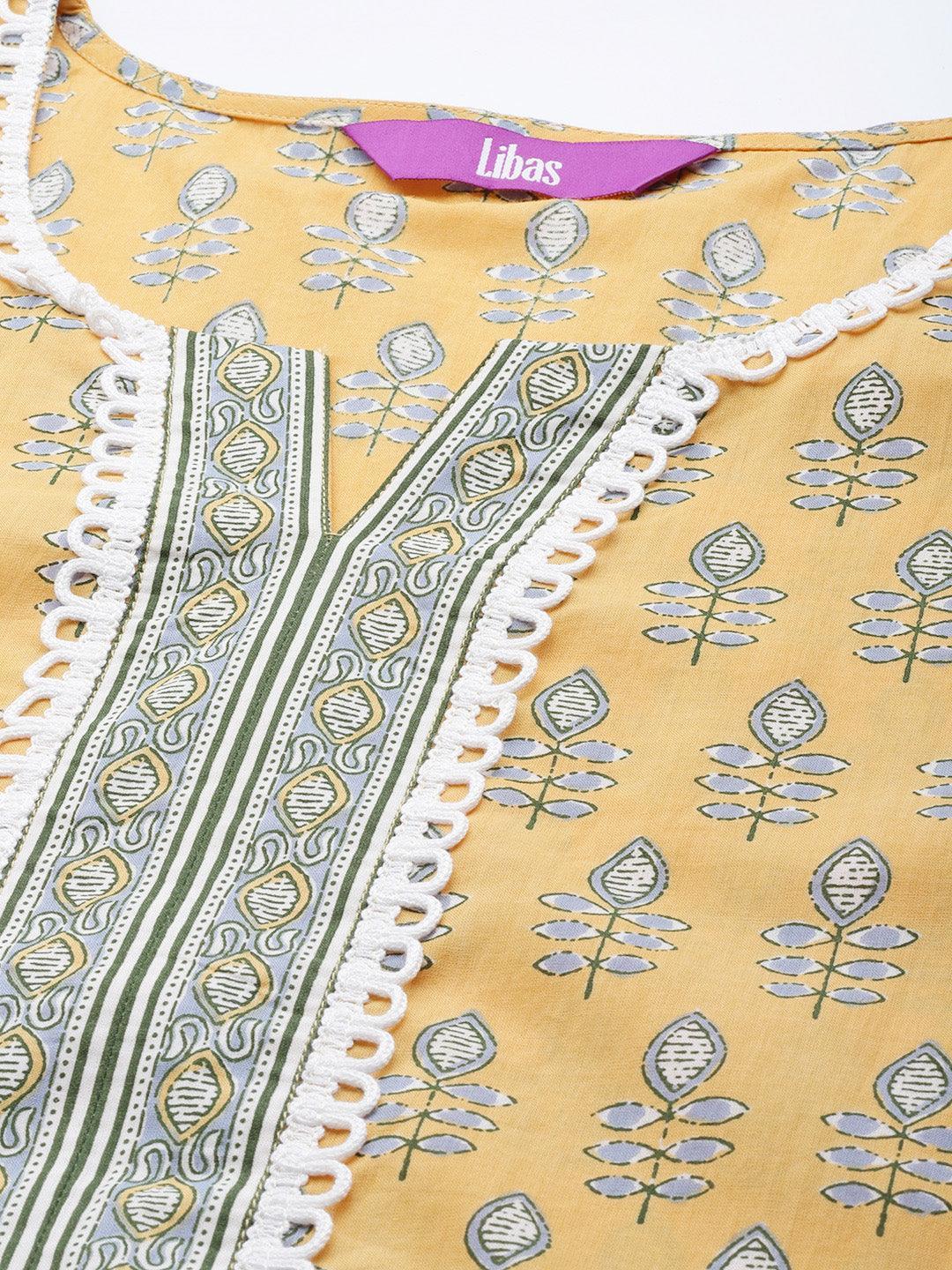 Plus Size Yellow Printed Cotton Kurta