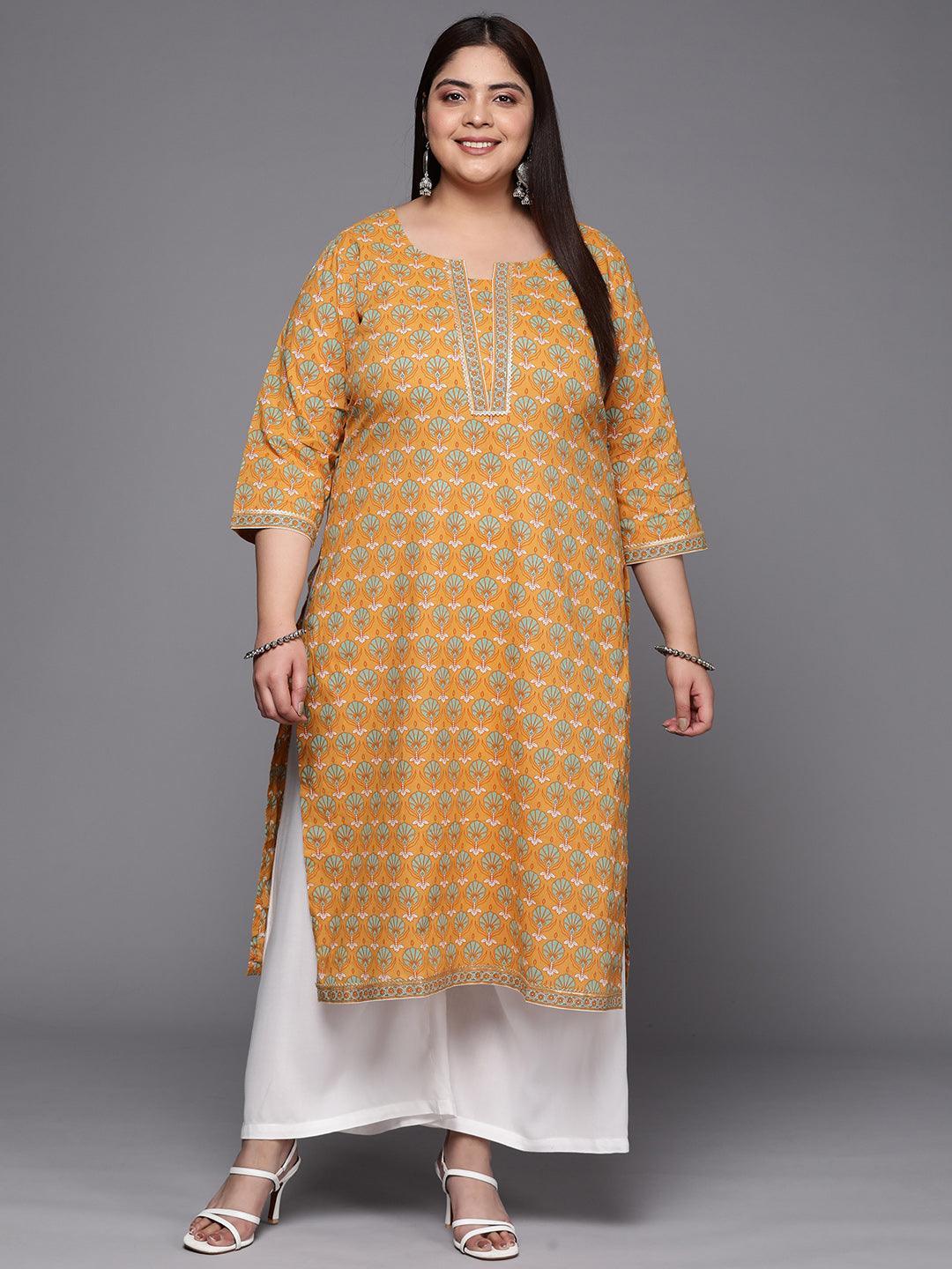 Plus Size Yellow Printed Cotton Straight Kurta - ShopLibas