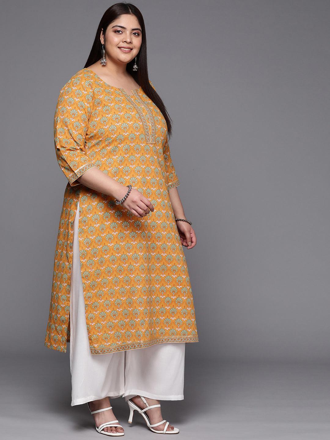 Plus Size Yellow Printed Cotton Straight Kurta - ShopLibas