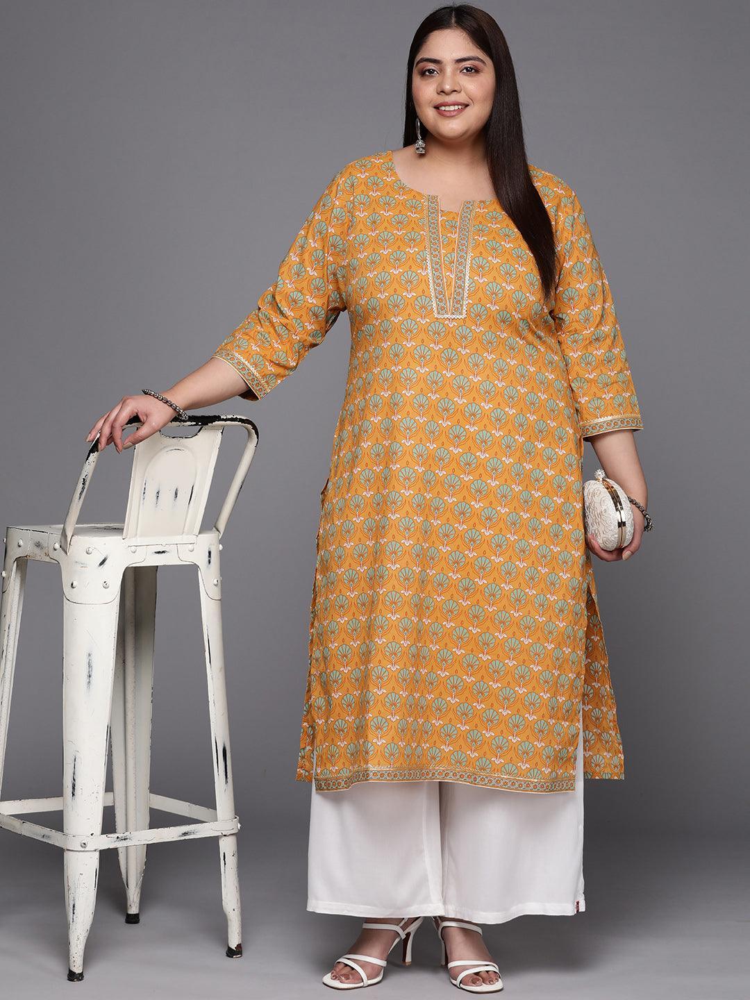 Plus Size Yellow Printed Cotton Straight Kurta