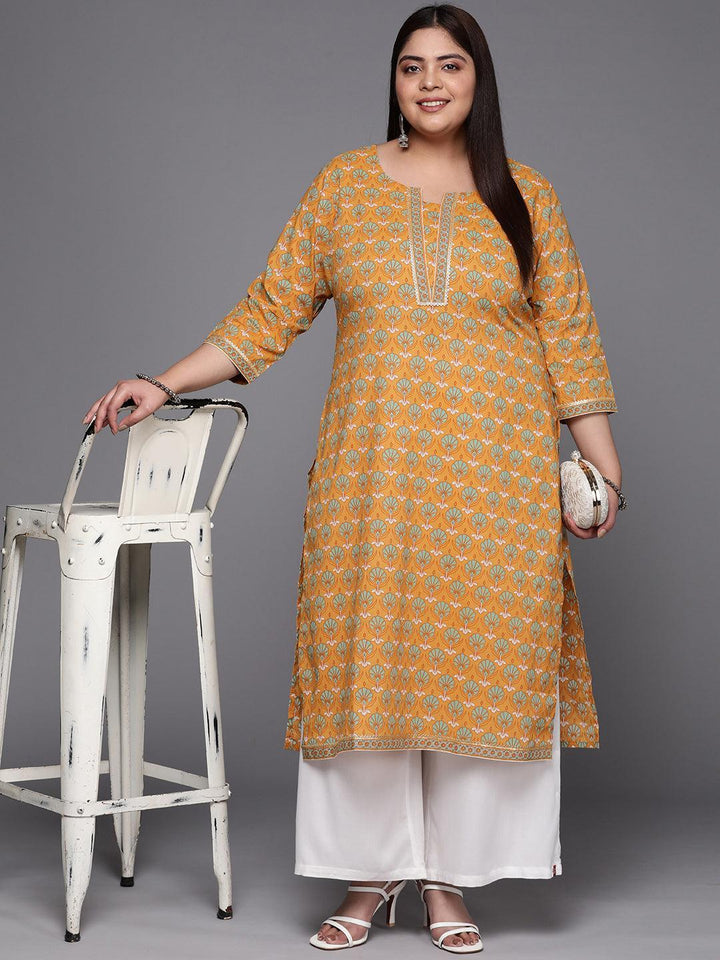 Plus Size Yellow Printed Cotton Straight Kurta - ShopLibas