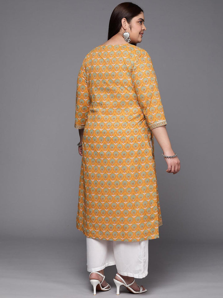 Plus Size Yellow Printed Cotton Straight Kurta - ShopLibas