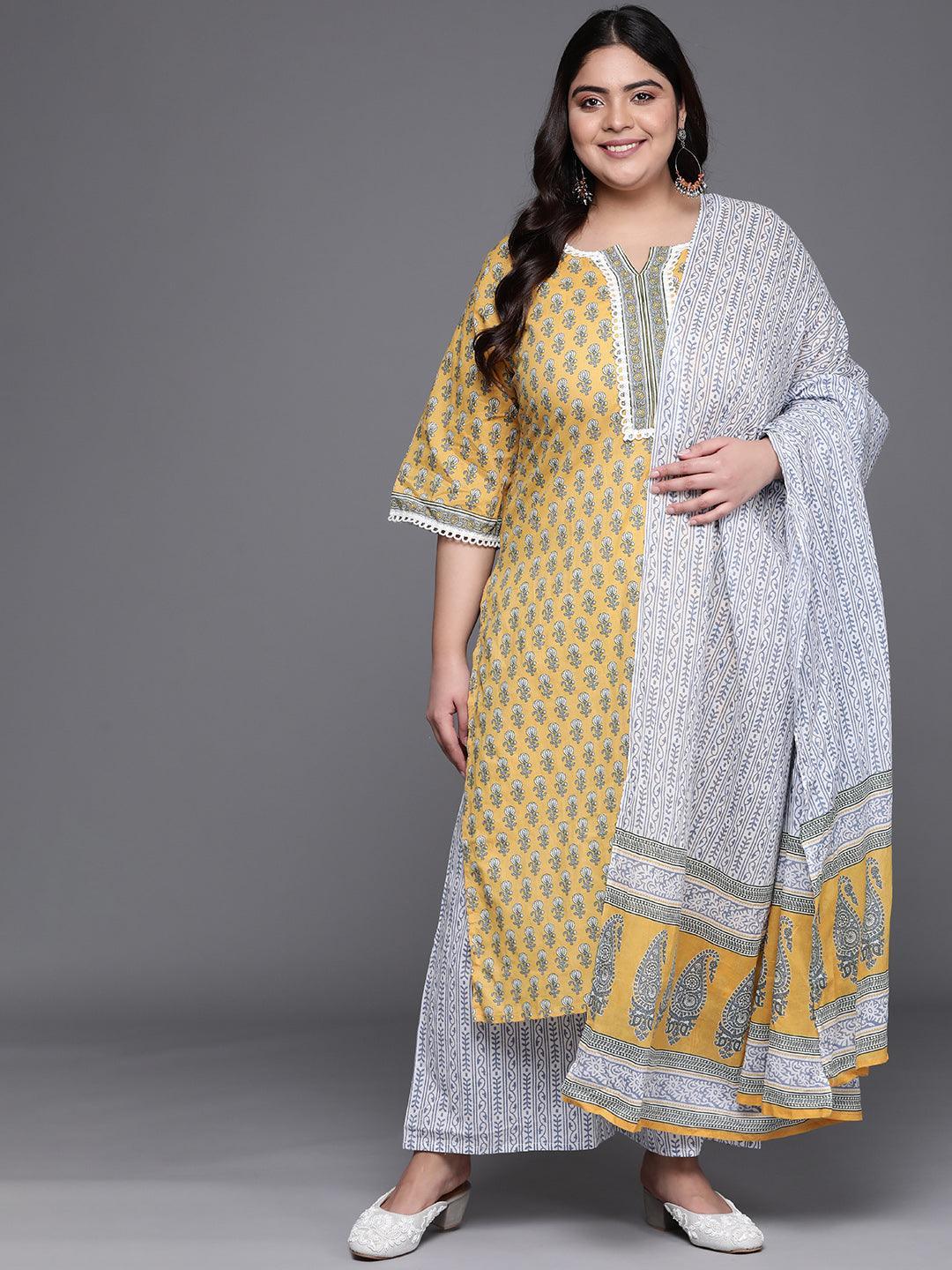 Plus Size Yellow Printed Cotton Straight Kurta With Palazzos & Dupatta