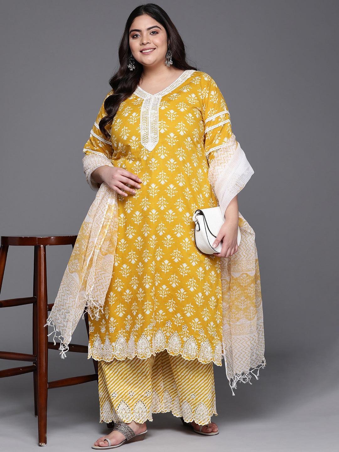 Plus Size Yellow Printed Cotton Suit Set