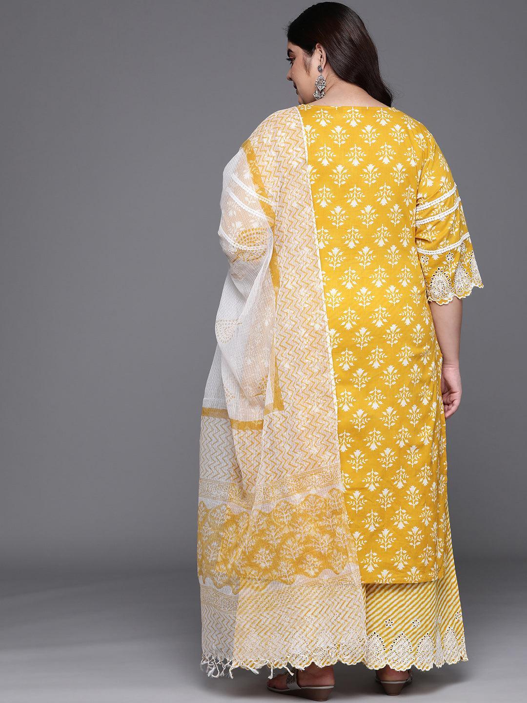 Plus Size Yellow Printed Cotton Suit Set