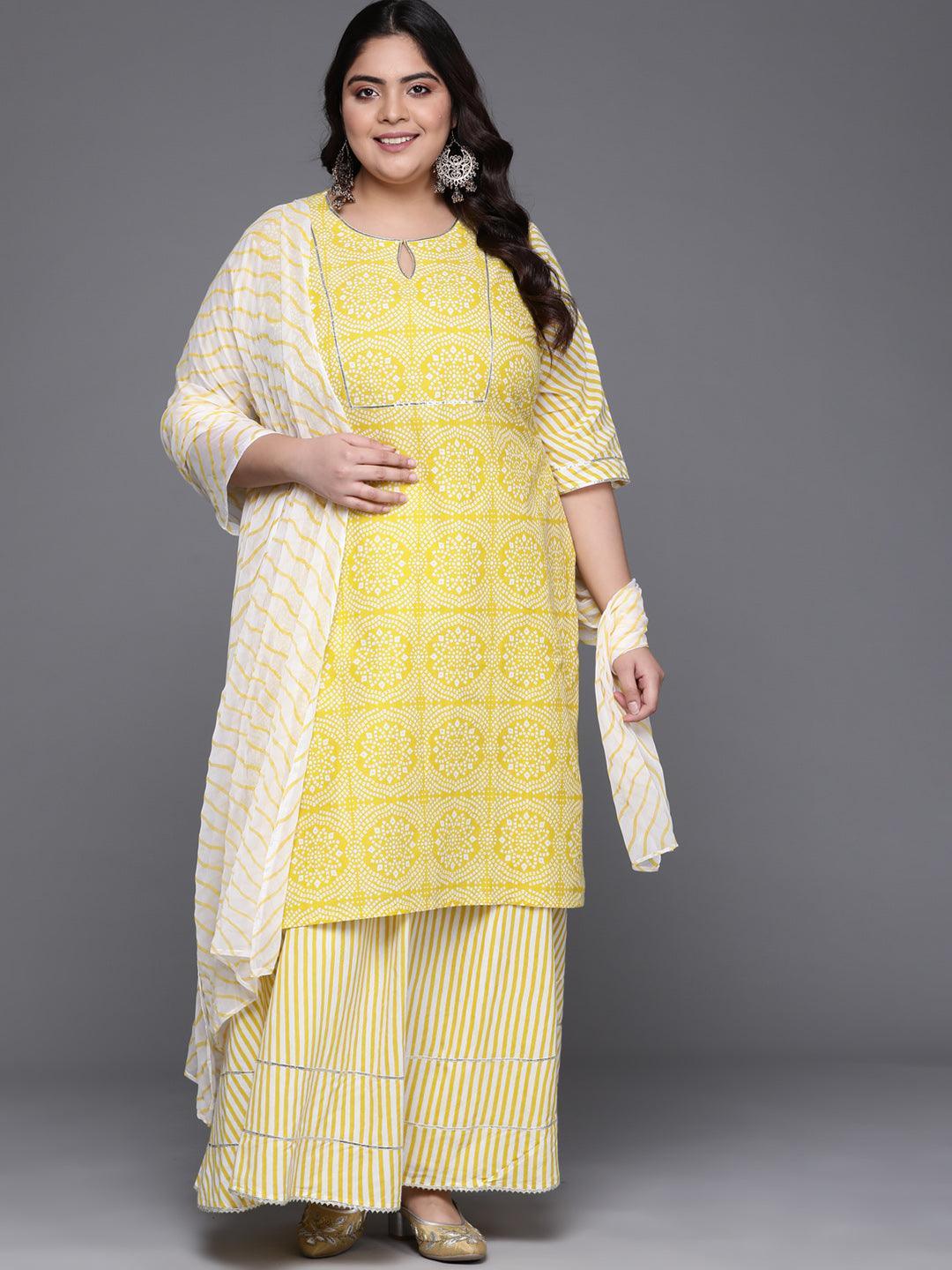 Plus Size Yellow Printed Cotton Straight Kurta With Skirt & Dupatta