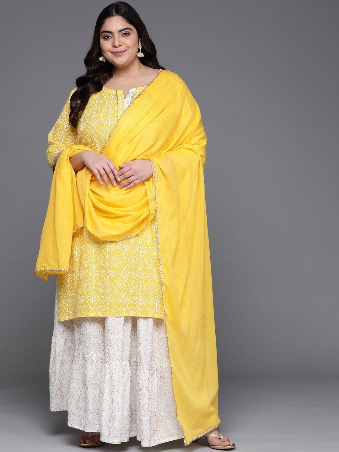 Plus Size Yellow Printed Cotton Suit Set - ShopLibas