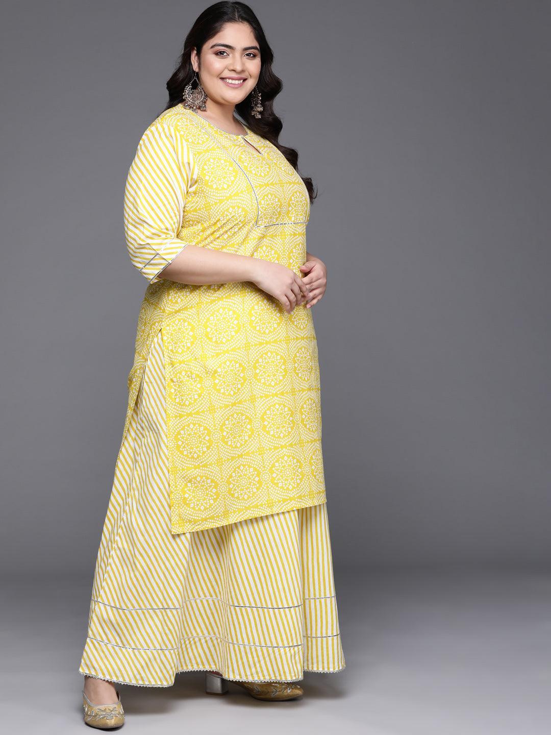 Plus Size Yellow Printed Cotton Straight Kurta With Skirt & Dupatta