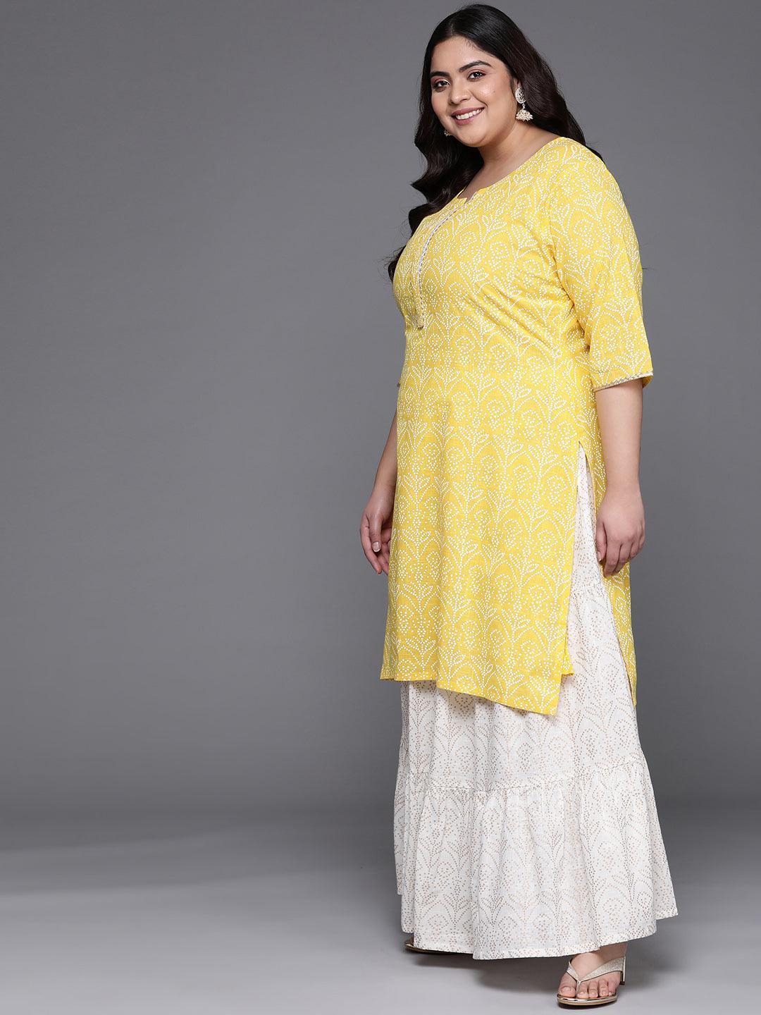 Plus Size Yellow Printed Cotton Suit Set - ShopLibas