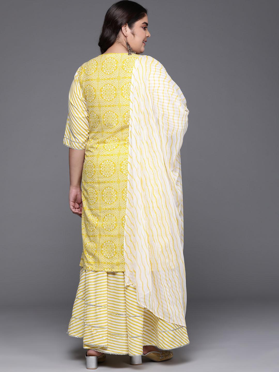 Plus Size Yellow Printed Cotton Straight Kurta With Skirt & Dupatta