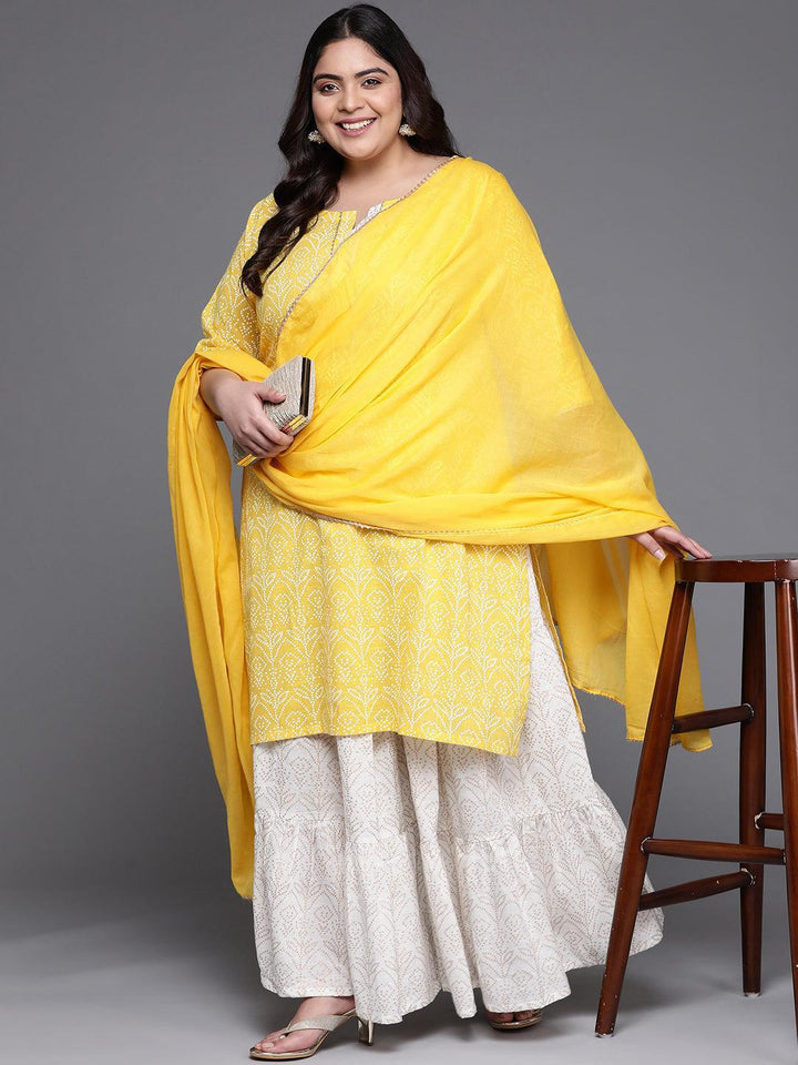 Plus Size Yellow Printed Cotton Suit Set - ShopLibas