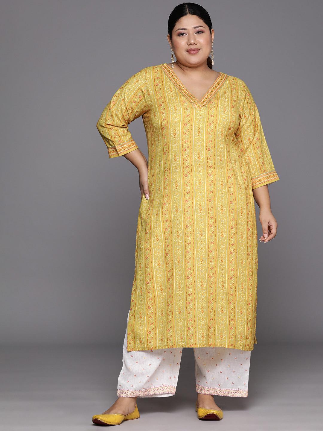 Plus Size Yellow Printed Cotton Straight Kurta With Trousers