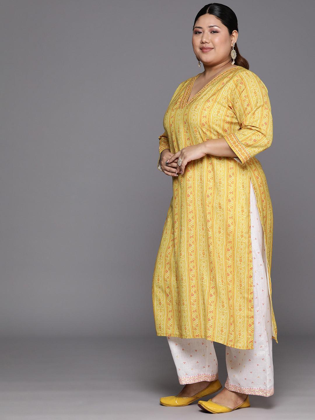 Plus Size Yellow Printed Cotton Straight Kurta With Trousers