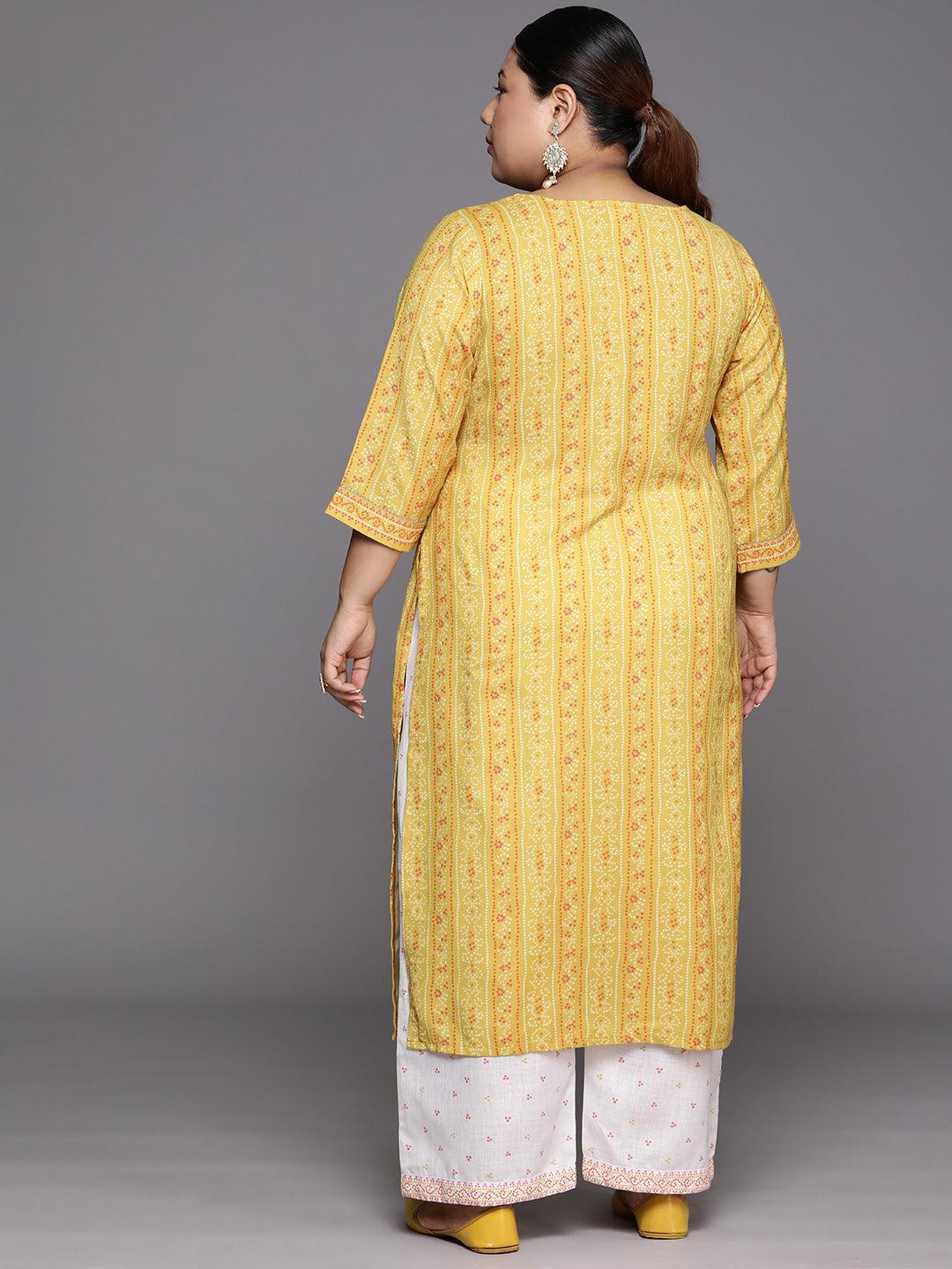 Plus Size Yellow Printed Cotton Straight Kurta With Trousers