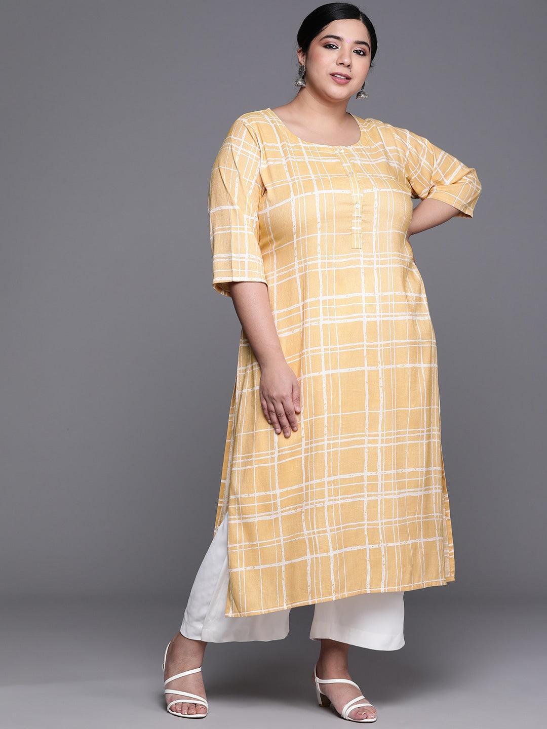 Plus Size Yellow Printed Rayon Kurta