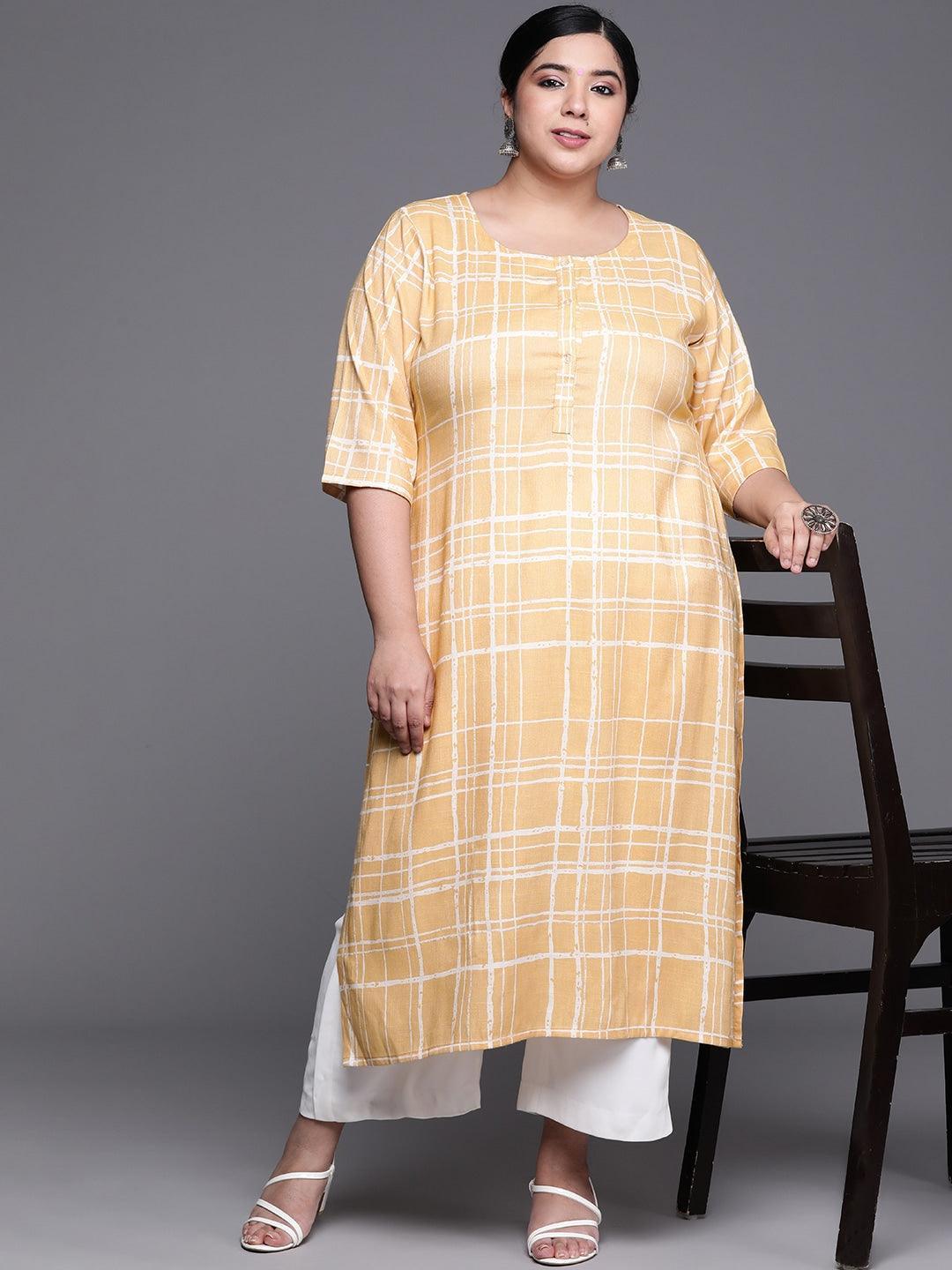 Plus Size Yellow Printed Rayon Kurta