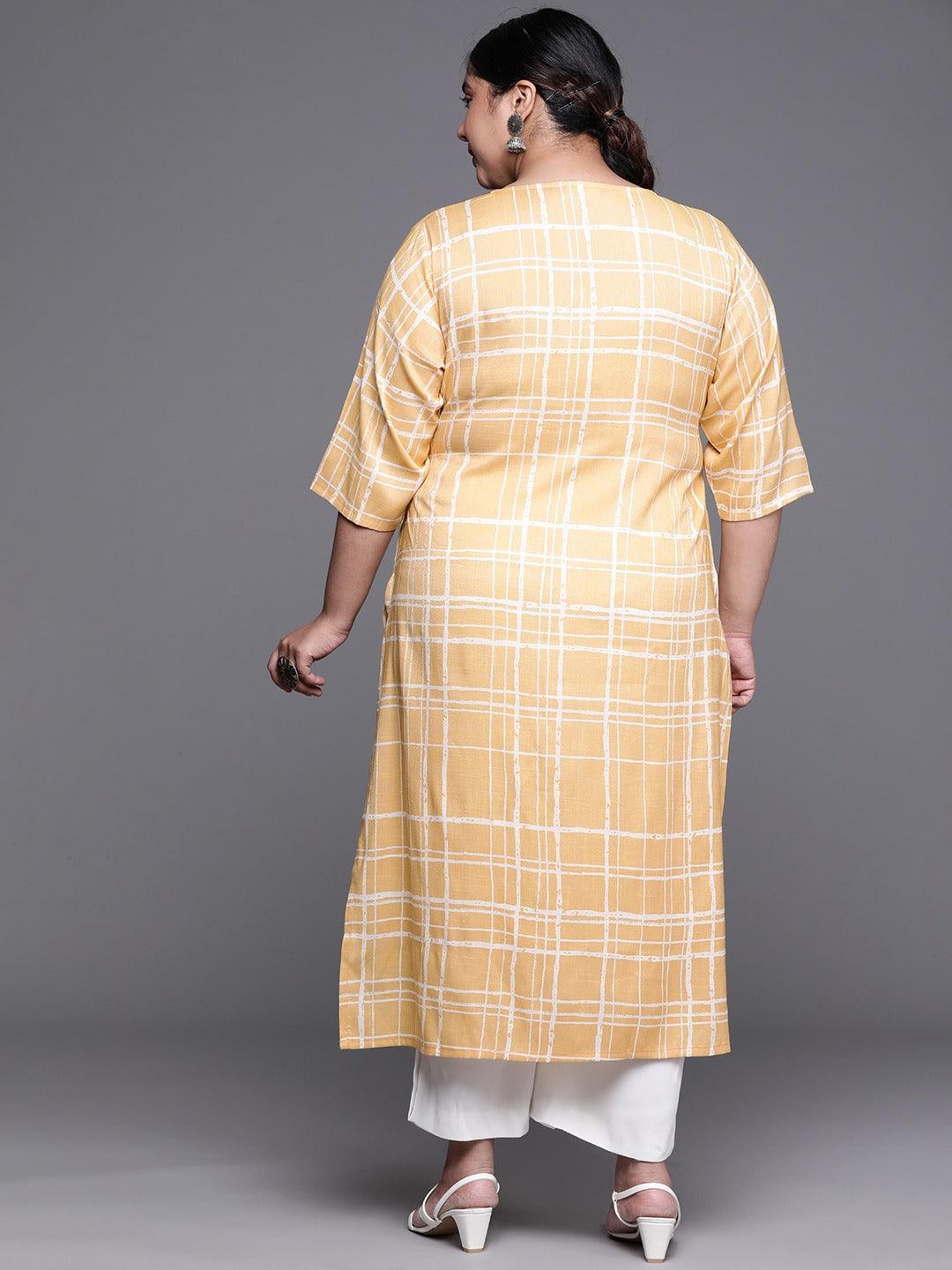 Plus Size Yellow Printed Rayon Kurta