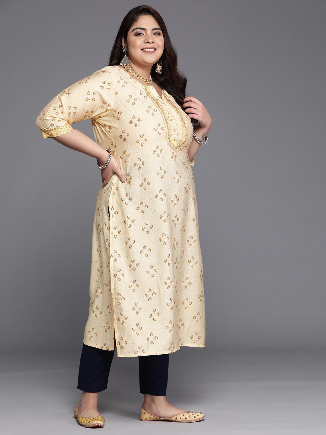 Plus Size Yellow Printed Silk Straight Kurta - Libas