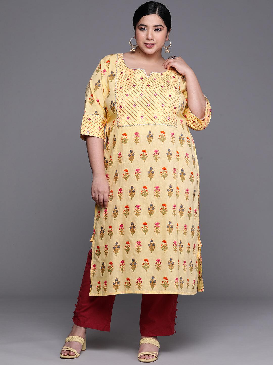 Plus Size Yellow Yoke Design Cotton Kurta