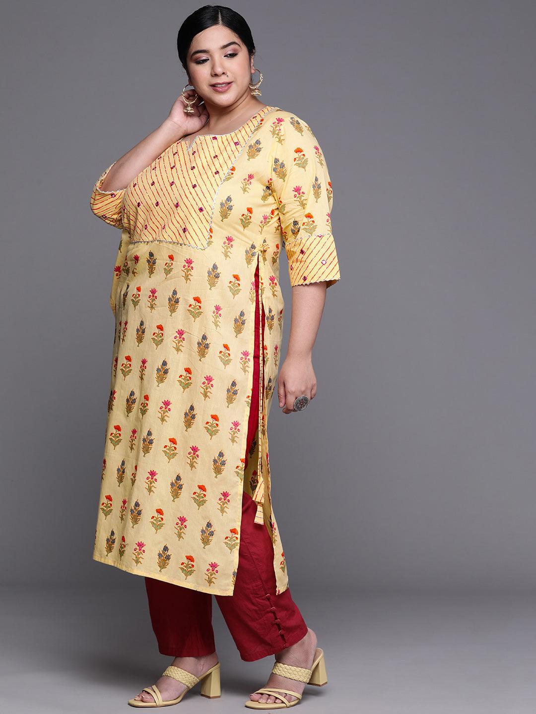 Plus Size Yellow Yoke Design Cotton Kurta