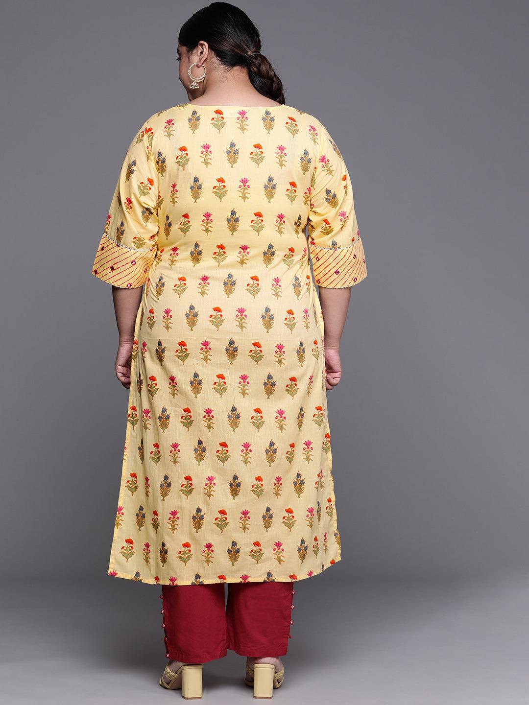 Plus Size Yellow Yoke Design Cotton Kurta