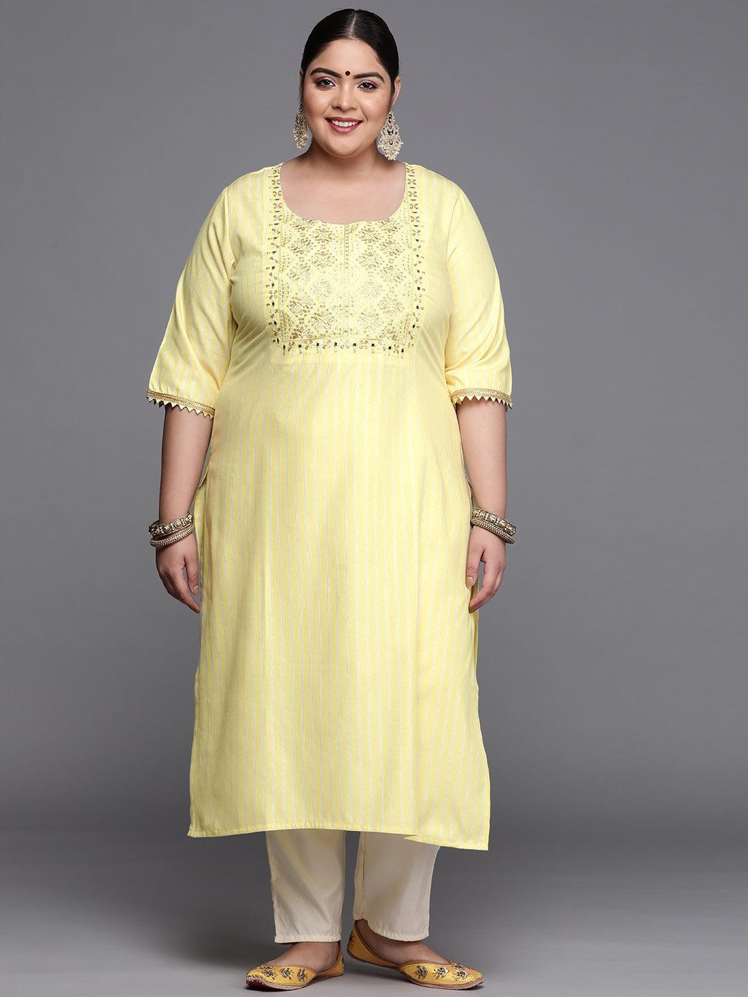 Plus Size Yellow Yoke Design Cotton Silk Kurta