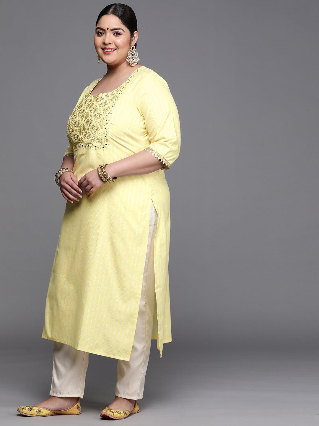 Plus Size Yellow Yoke Design Cotton Silk Kurta