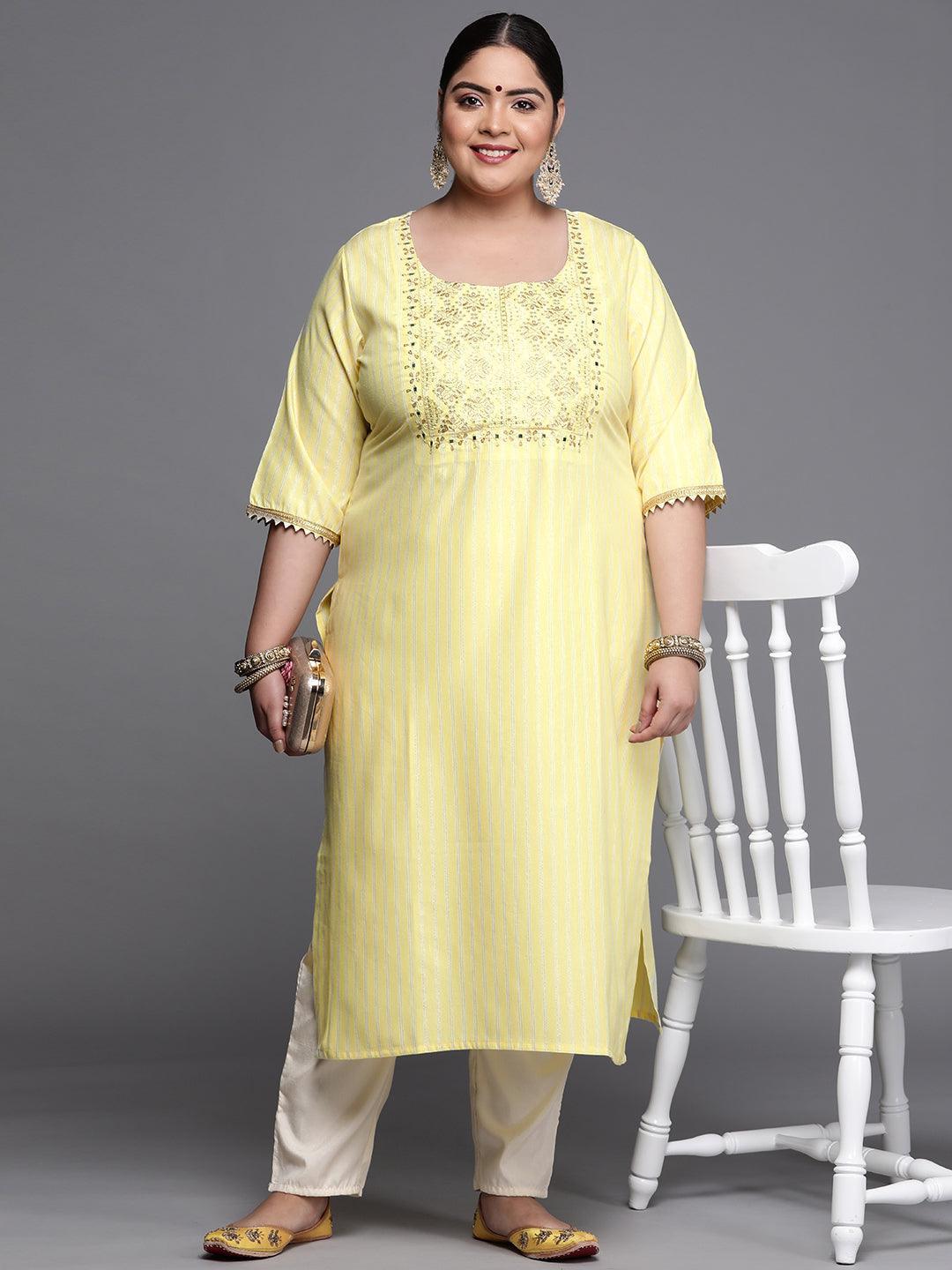 Plus Size Yellow Yoke Design Cotton Silk Kurta