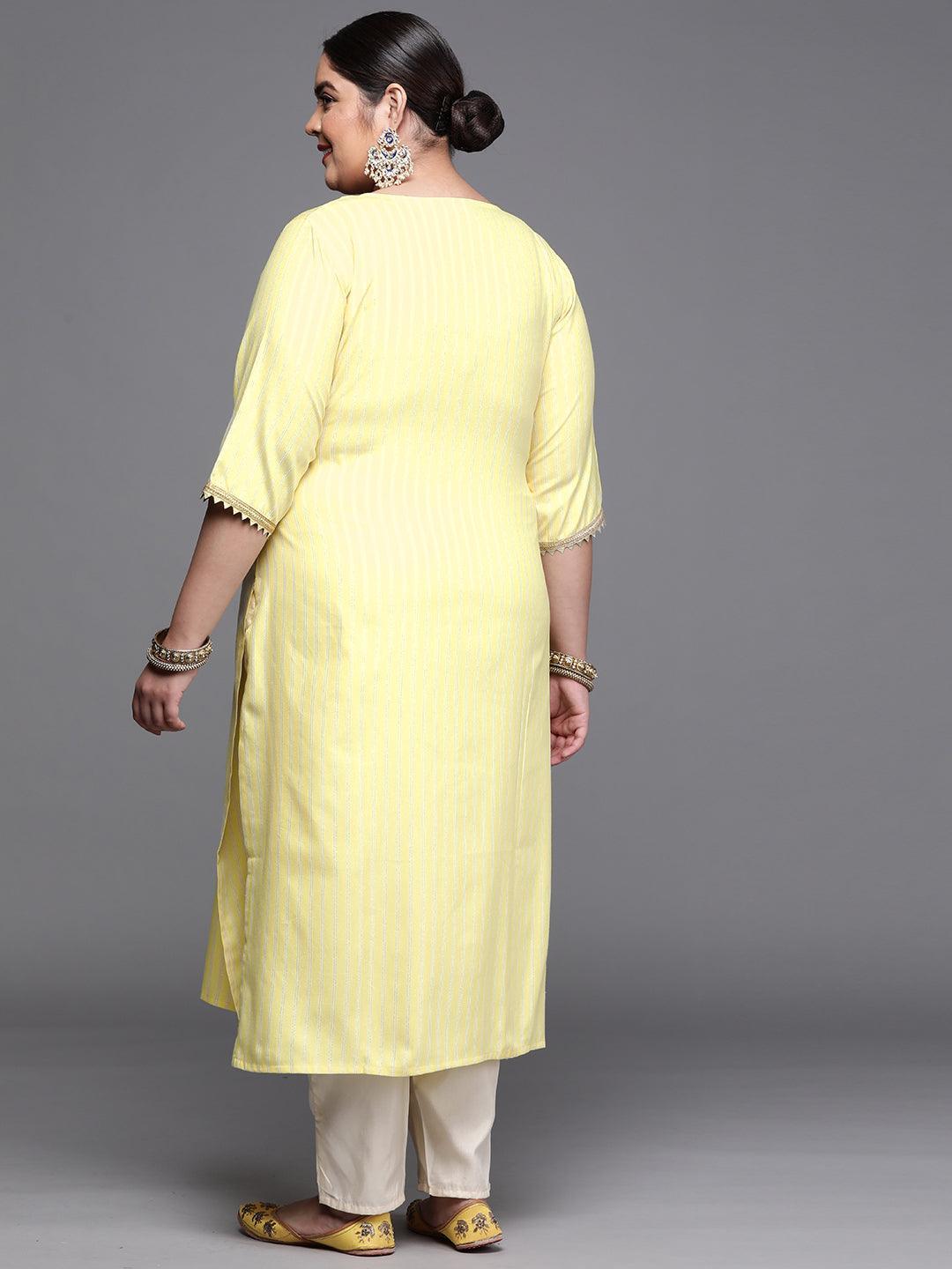 Plus Size Yellow Yoke Design Cotton Silk Kurta