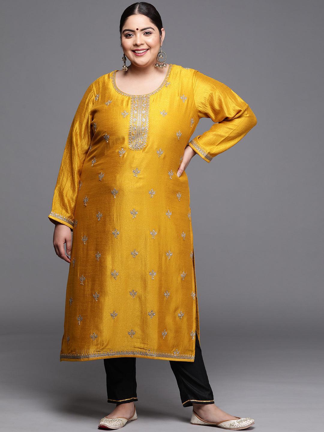 Plus Size Yellow Yoke Design Silk Kurta