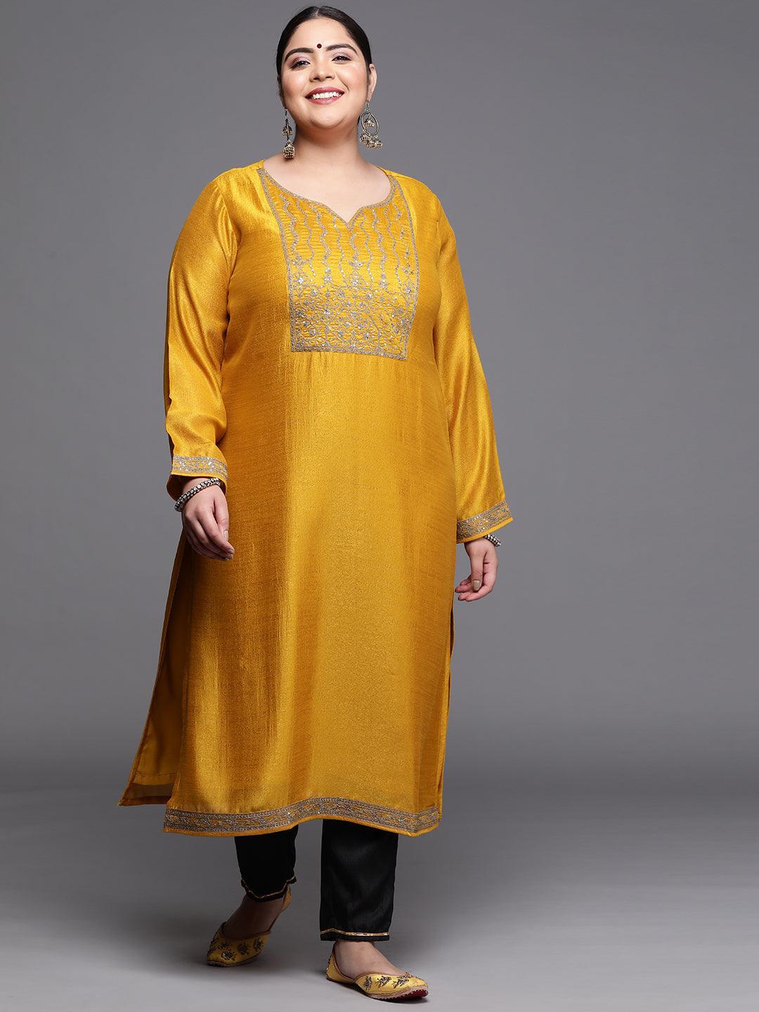 Plus Size Yellow Yoke Design Silk Kurta