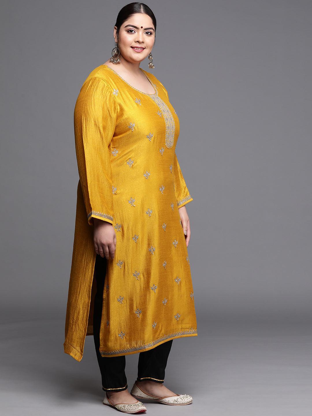 Plus Size Yellow Yoke Design Silk Kurta