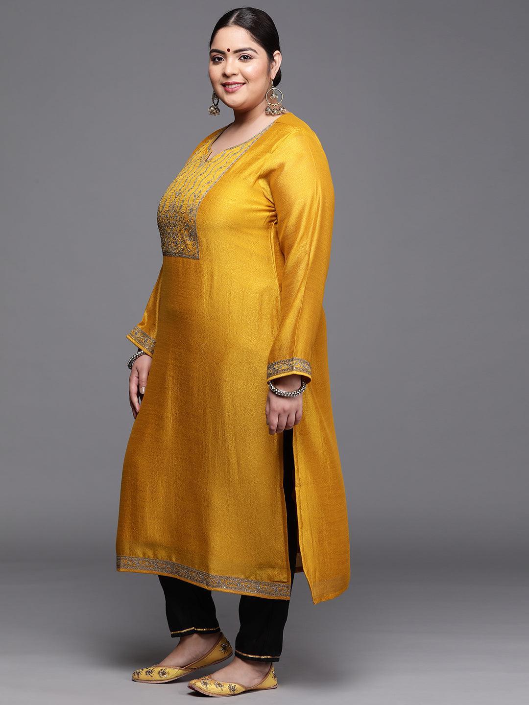 Plus Size Yellow Yoke Design Silk Kurta