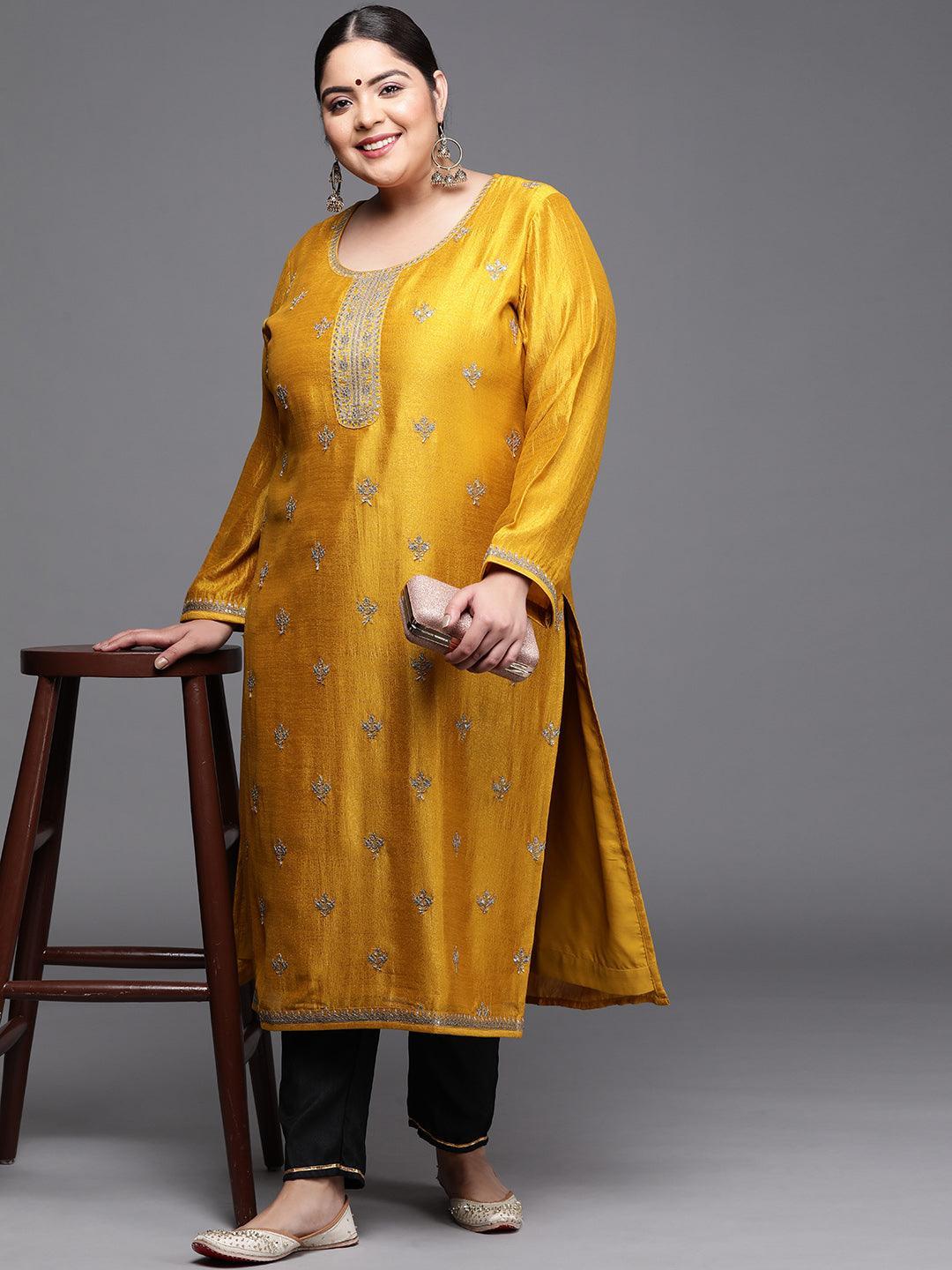 Plus Size Yellow Yoke Design Silk Kurta