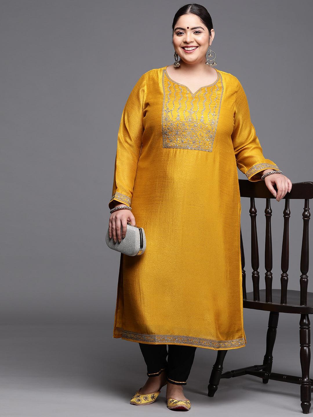 Plus Size Yellow Yoke Design Silk Kurta