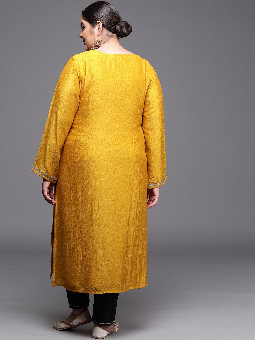 Plus Size Yellow Yoke Design Silk Kurta